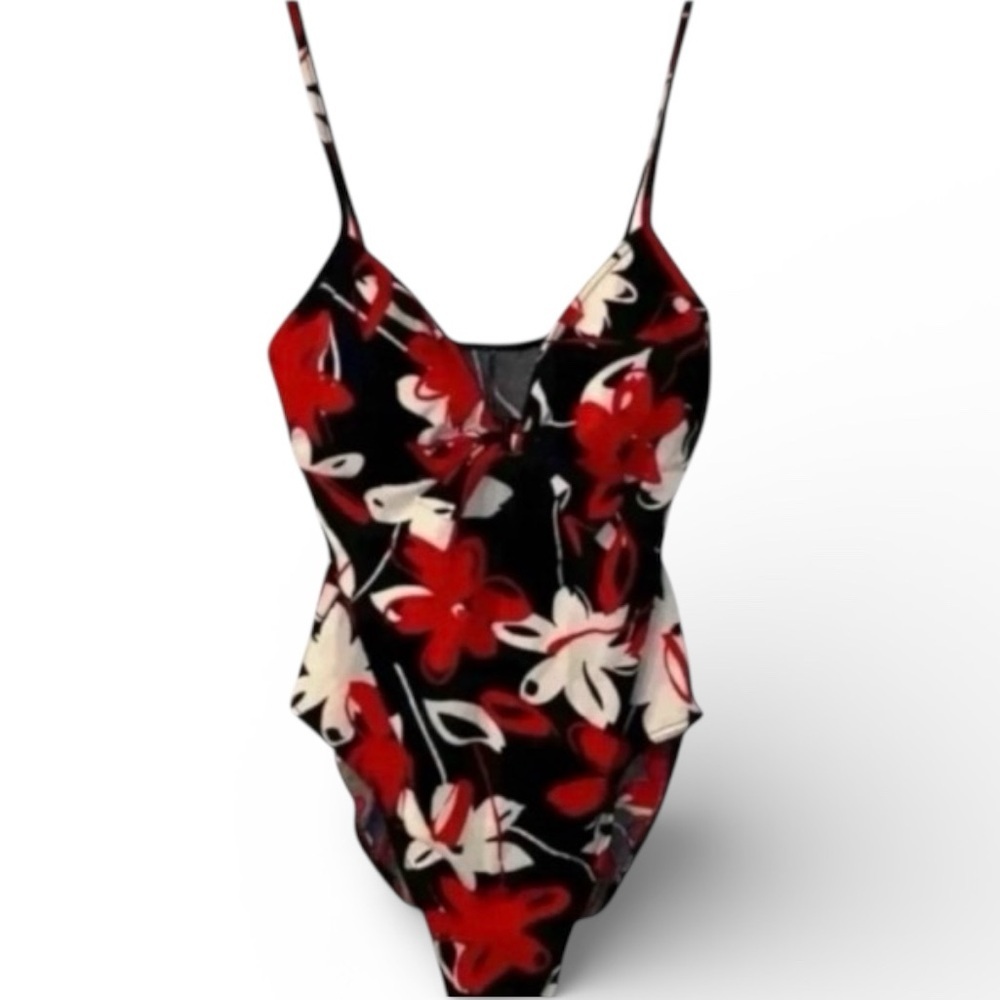 Body ID Retro 1 PC Swimsuit, Black Background -RED/WHT Floral Pattern Size 10